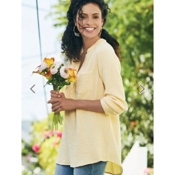 Soft Surroundings Eliana Top Womens L Large Yellow Rolled Pocket Pullover - Picture 1 of 12